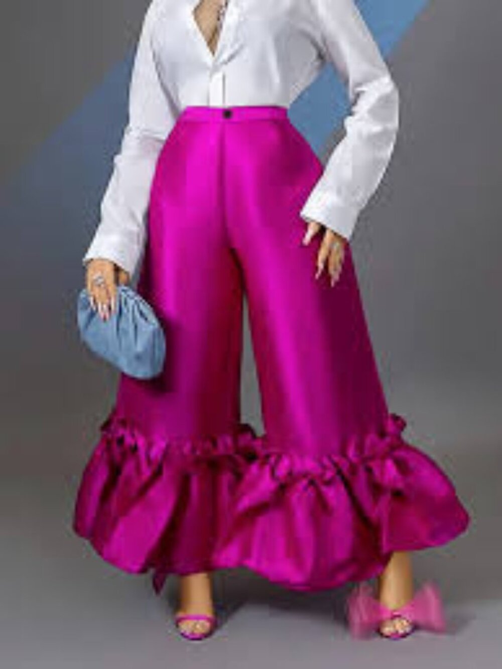 Ruffle Trim Solid Color Loose Wide Leg Elegant Party Pants